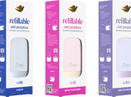 Dove unveils first refillable deodorant Pack shots of Dove Refillable Anti-Perspirant range including Original, Violet & Tonka Bean and Peony & Pineapple.