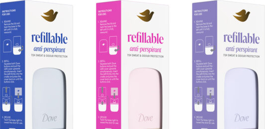 Dove unveils first refillable deodorant Pack shots of Dove Refillable Anti-Perspirant range including Original, Violet & Tonka Bean and Peony & Pineapple.