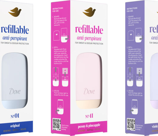 Dove unveils first refillable deodorant Pack shots of Dove Refillable Anti-Perspirant range including Original, Violet & Tonka Bean and Peony & Pineapple.