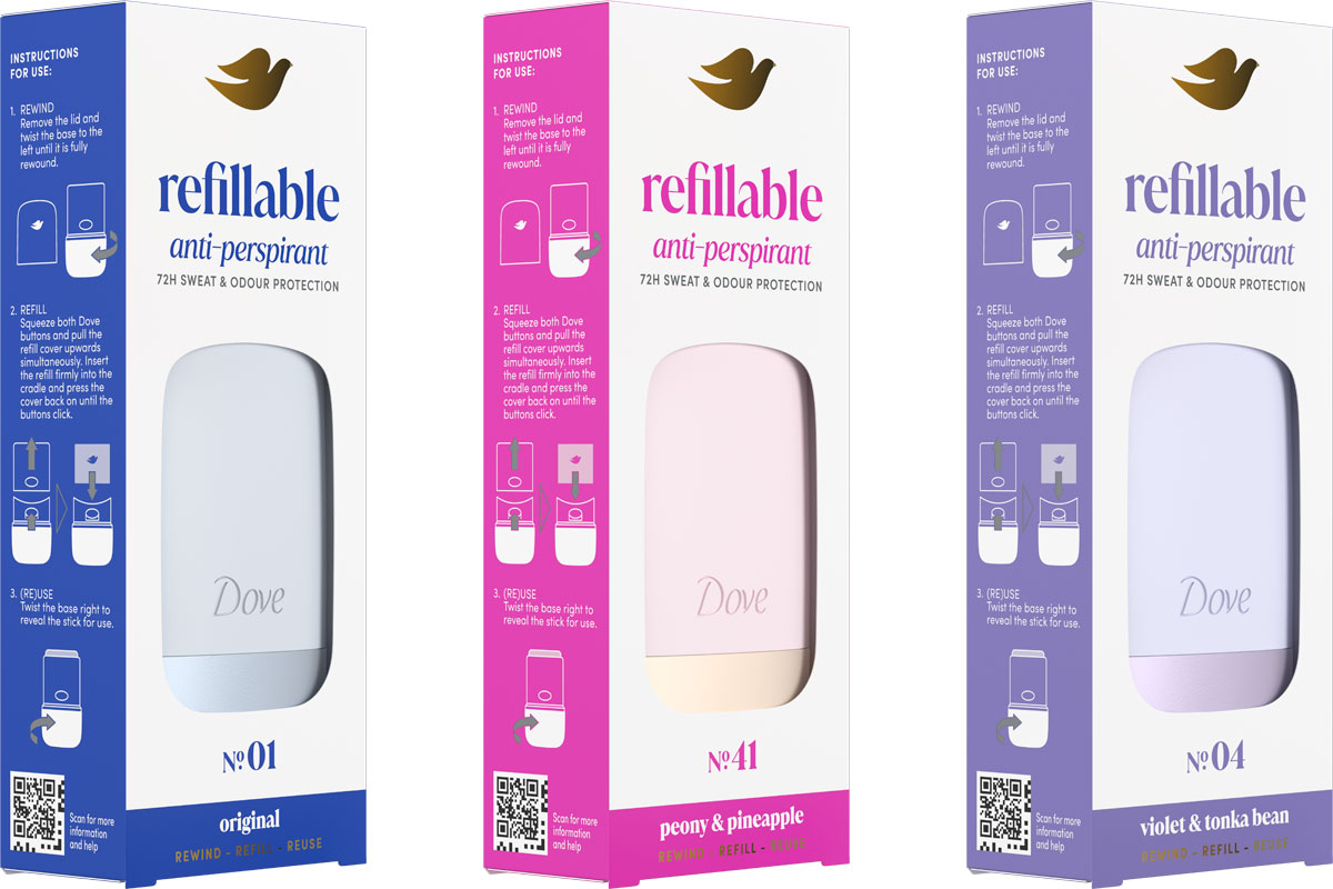 Pack shots of Dove Refillable Anti-Perspirant range including Original, Violet & Tonka Bean and Peony & Pineapple.