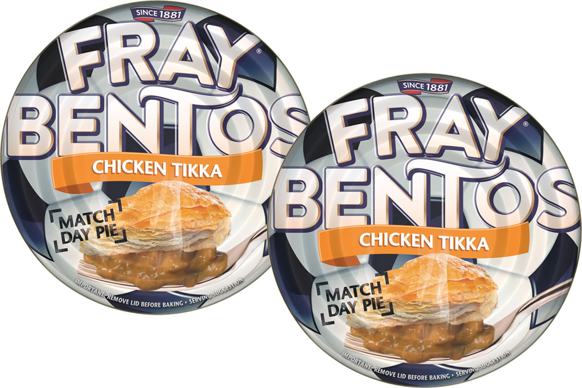 Pack shots of Fray Bentos Chicken Tikka Match Day Pie.