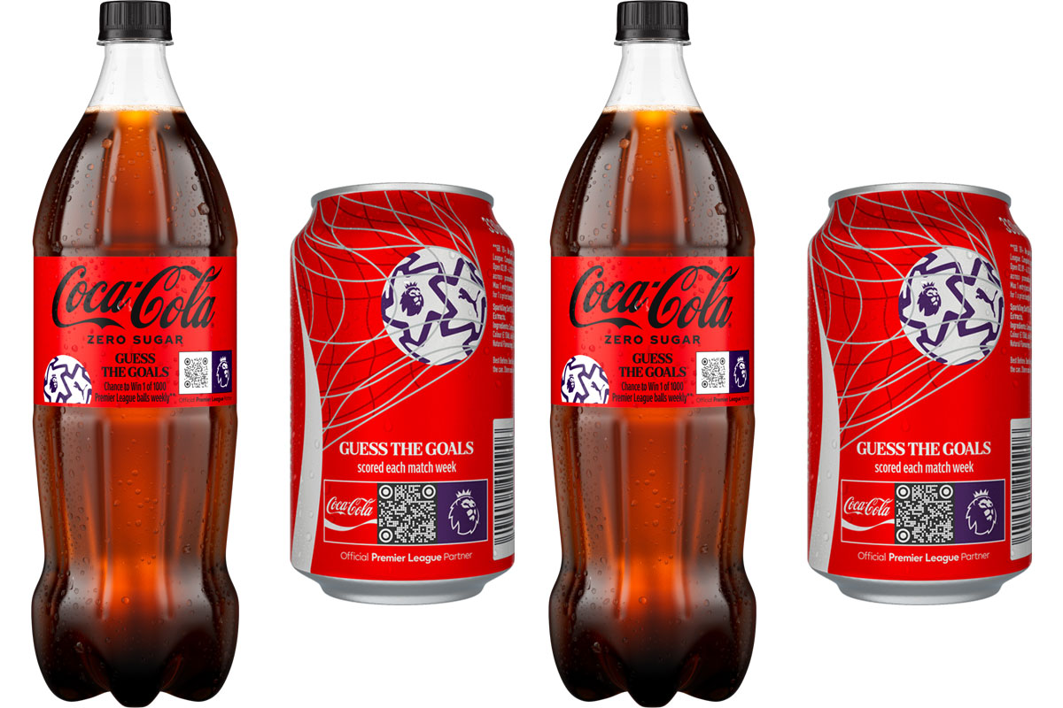 Pack shots of Coca-Cola Zero Sugar 500ml bottles and Coca-Cola Original Taste 330ml cans with the 'Guess the Goals' promos on-pack.
