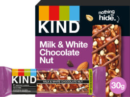 Kind launches first Milk & White Chocolate Nut bar A pack of Kind Milk & White Chocolate Nut Bar stands in the background with a single bar of it in front of the pack.