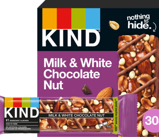 Kind launches first Milk & White Chocolate Nut bar A pack of Kind Milk & White Chocolate Nut Bar stands in the background with a single bar of it in front of the pack.