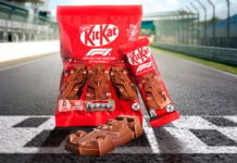 KitKat accelerates the break with new Formula 1 chocolate car A pack of KitKat Formula 1 Chocolate Cars as well as a single pack and a chocolate car out of its pack sit on a finish line on a racetrack.