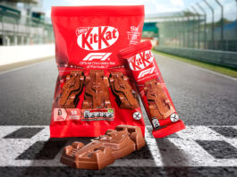 KitKat accelerates the break with new Formula 1 chocolate car A pack of KitKat Formula 1 Chocolate Cars as well as a single pack and a chocolate car out of its pack sit on a finish line on a racetrack.