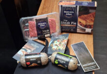 Macsween helps to feed the homeless a Burn’s Supper Packs of Malcolm Allan Steak Lorne and Steak Pie and Macsween Haggis and Vegetarian Haggis sit on a table.