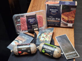 Macsween helps to feed the homeless a Burns Supper Packs of Malcolm Allan Steak Lorne and Steak Pie and Macsween Haggis and Vegetarian Haggis sit on a table.