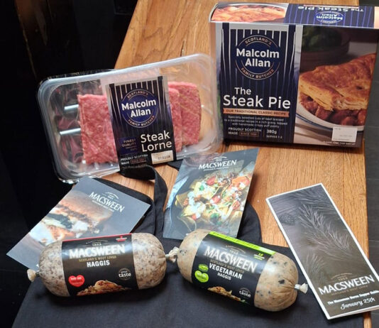 Macsween helps to feed the homeless a Burns Supper Packs of Malcolm Allan Steak Lorne and Steak Pie and Macsween Haggis and Vegetarian Haggis sit on a table.