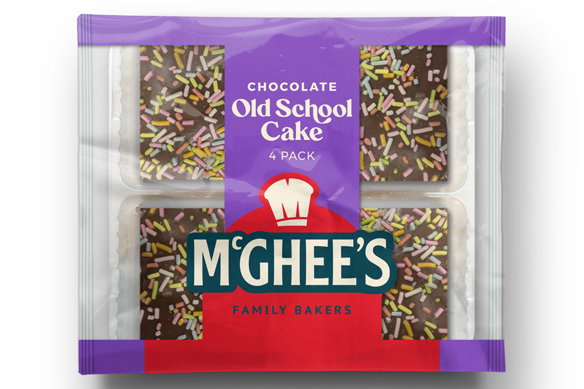 Pack shot of McGhee's Chocolate Old School Cake four pack.