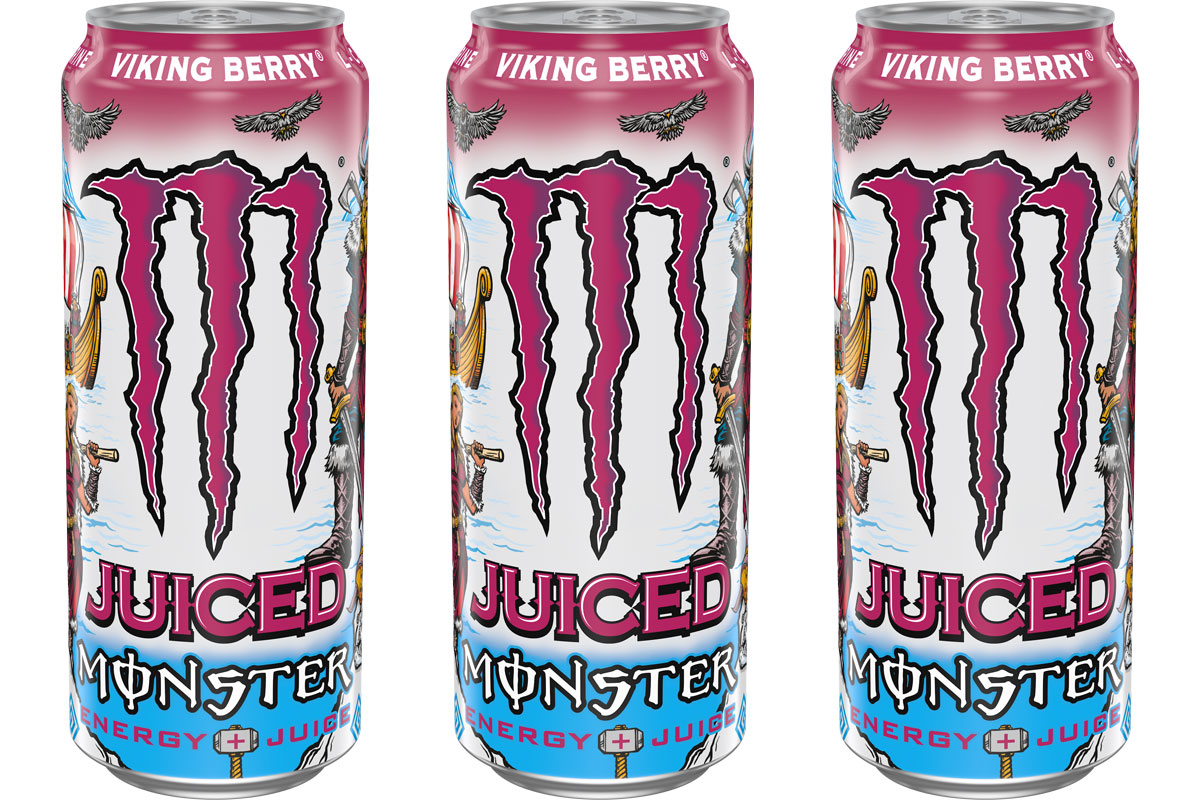 Pack shots Monster Energy Viking Berry 500ml cans.