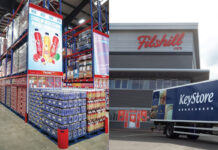 Parfetts and Filshill introduce Wholepal AI system An interior shot of a Parfetts warehouse is in the left image whilst the right image shows an exterior image of the Filshill depot in with a KeyStore branded HGV outside it.