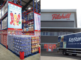 Parfetts and Filshill introduce Wholepal AI system An interior shot of a Parfetts warehouse is in the left image whilst the right image shows an exterior image of the Filshill depot in with a KeyStore branded HGV outside it.