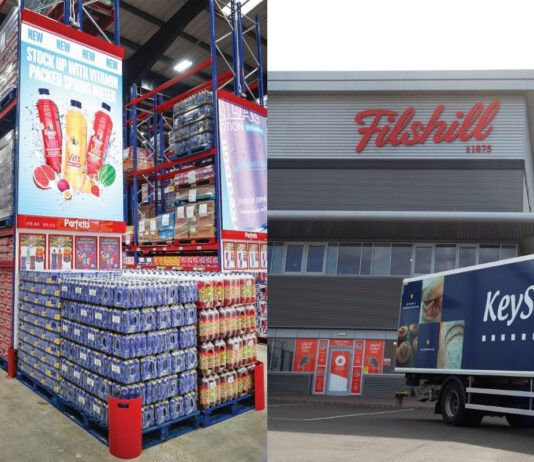 Parfetts and Filshill introduce Wholepal AI system An interior shot of a Parfetts warehouse is in the left image whilst the right image shows an exterior image of the Filshill depot in with a KeyStore branded HGV outside it.