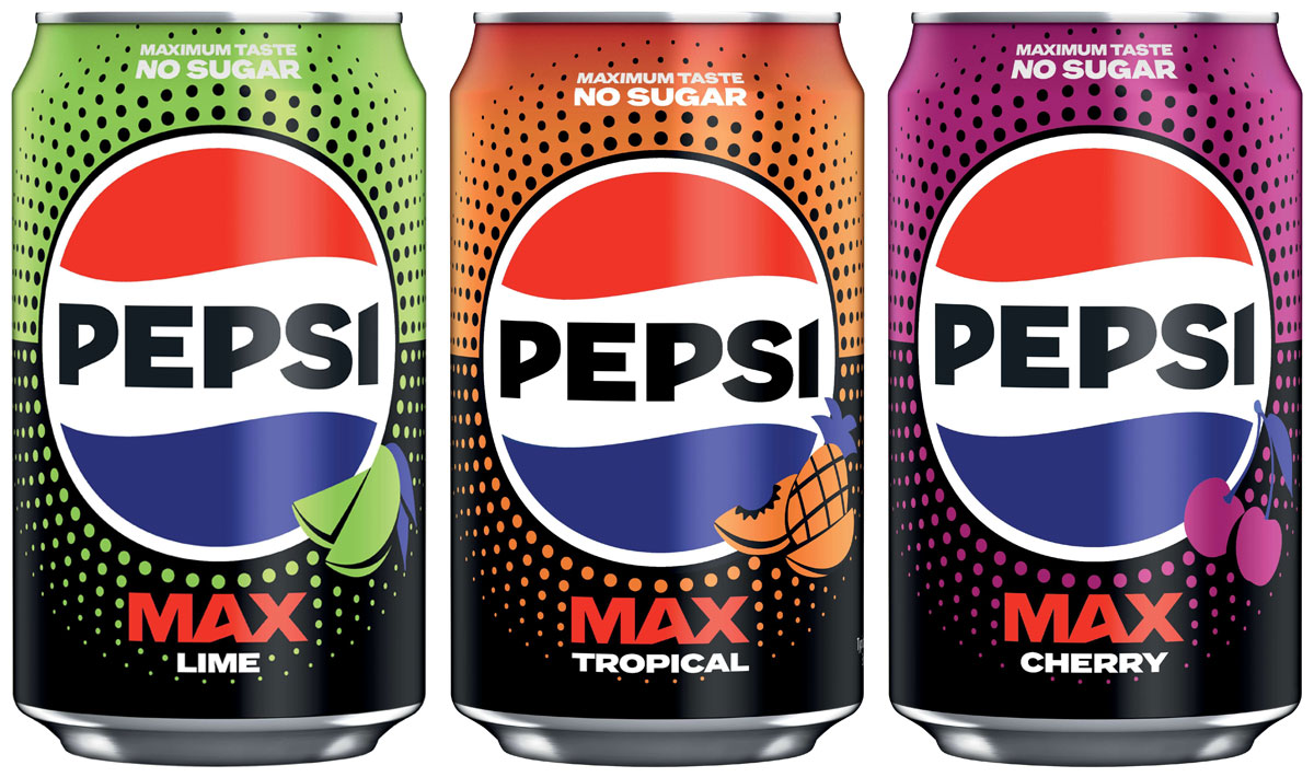 Pack shots of Pepsi Max Lime, Pepsi Max Tropical and Pepsi Max Cherry.