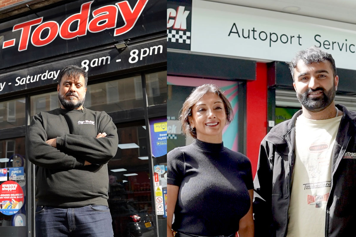 Mohammed Rajak stands outside his Day-Today store in the image on the left and Shamly & Guna Sud stand outside their RaceTrack Pitstop Autoport store in the image on the right.