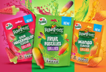 Rowntree’s launches new Lollies range inspired by frozen treats Packs of Rowntree's Sour Watermelon Lollies, Fruit Pastille Lollies and Mango Lollies are lined up with the sweets bursting out of the bags with swishes of the juices. Each pack is against a representative colour ranging from pink, green and orange.