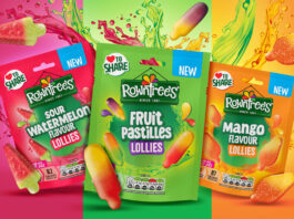 Rowntree’s launches new Lollies range inspired by frozen treats Packs of Rowntree's Sour Watermelon Lollies, Fruit Pastille Lollies and Mango Lollies are lined up with the sweets bursting out of the bags with swishes of the juices. Each pack is against a representative colour ranging from pink, green and orange.
