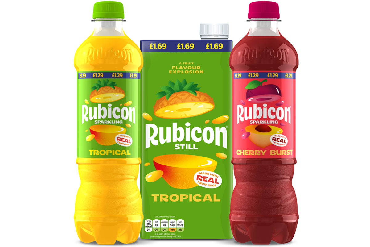 Pack shots of Rubicon Still Tropical bottle, Rubicon Sparkling Tropical carton and Rubicon Sparkling Berry Burst bottle.
