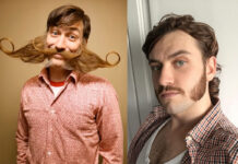Simon Howie brings a hairy twist to Burns Night fundraising A man wears a novelty false moustache in the image on the left as a man shows the sideburns he has grown on his face in the image on the right.