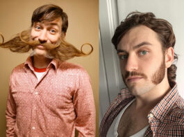 Simon Howie brings a hairy twist to Burns Night fundraising A man wears a novelty false moustache in the image on the left as a man shows the sideburns he has grown on his face in the image on the right.