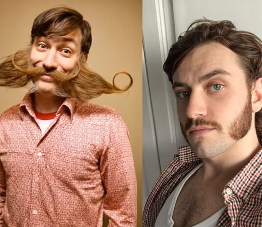 Simon Howie brings a hairy twist to Burns Night fundraising A man wears a novelty false moustache in the image on the left as a man shows the sideburns he has grown on his face in the image on the right.