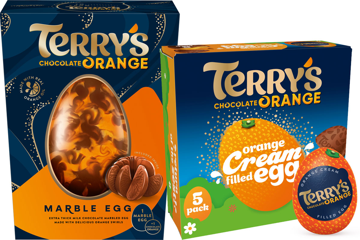 Pack shot of the Terry's Chocolate Orange Marble Egg, Terry's Chocolate Orange Cream Filled Egg Five Pack and Terry's Chocolate Orange Cream Filled Egg single.