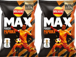 Walkers kicks off Fifa World Cup with on-pack promo Pack shots of Walkers MAX Punhcy Paprika with the on-pack promotion for the Fifa World Cup 2026 on pack.