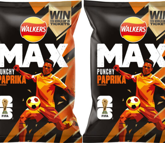 Walkers kicks off Fifa World Cup with on-pack promo Pack shots of Walkers MAX Punhcy Paprika with the on-pack promotion for the Fifa World Cup 2026 on pack.