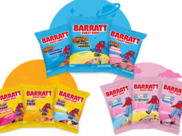 Barratt unveils rebrand across its Sweet Shop range Packs of Barratt Sweet Shop sweets including Fruit Salad, Wham and Flump with colour designs behind them that match the colours of the brands.