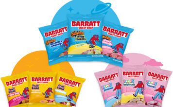 Barratt unveils rebrand across its Sweet Shop range Packs of Barratt Sweet Shop sweets including Fruit Salad, Wham and Flump with colour designs behind them that match the colours of the brands.