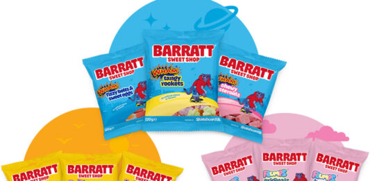 Barratt unveils rebrand across its Sweet Shop range Packs of Barratt Sweet Shop sweets including Fruit Salad, Wham and Flump with colour designs behind them that match the colours of the brands.