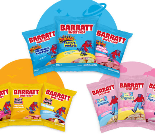 Barratt unveils rebrand across its Sweet Shop range Packs of Barratt Sweet Shop sweets including Fruit Salad, Wham and Flump with colour designs behind them that match the colours of the brands.
