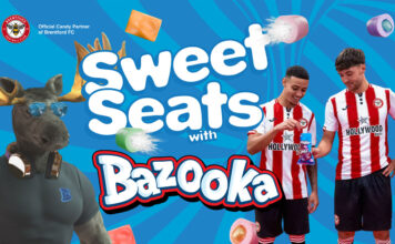 Bazooka Candy launches on-pack partnership with Brentford FC Promotional image for the partnership between Bazooka Candy and Brentford FC with the Bazooka moose mascot and players from Brentford FC sharing a pack of Bazooka sweets.