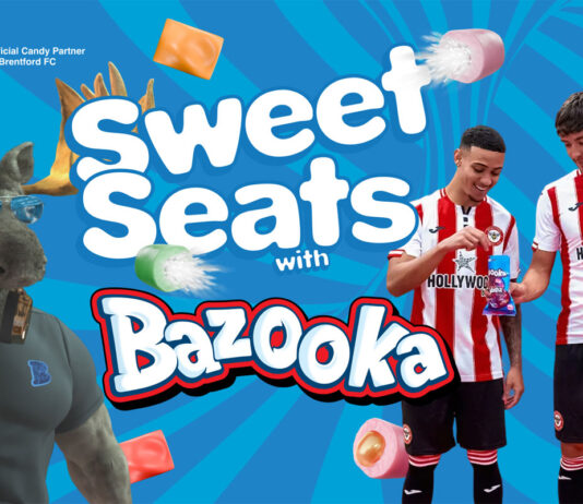 Bazooka Candy launches on-pack partnership with Brentford FC Promotional image for the partnership between Bazooka Candy and Brentford FC with the Bazooka moose mascot and players from Brentford FC sharing a pack of Bazooka sweets.