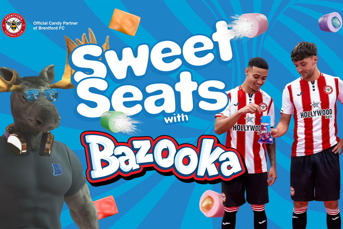 Promotional image for the partnership between Bazooka Candy and Brentford FC with the Bazooka moose mascot and players from Brentford FC sharing a pack of Bazooka sweets. 