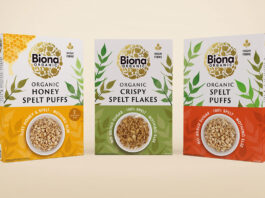 Biona launches new range of Spelt Cereals Pack shots of Biona Organic Honey Spelt Puffs, Biona Organic Crispy Spelt Flakes and Biona Organic Spelt Puffs.