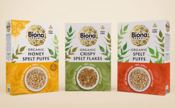 Biona launches new range of Spelt Cereals Pack shots of Biona Organic Honey Spelt Puffs, Biona Organic Crispy Spelt Flakes and Biona Organic Spelt Puffs.