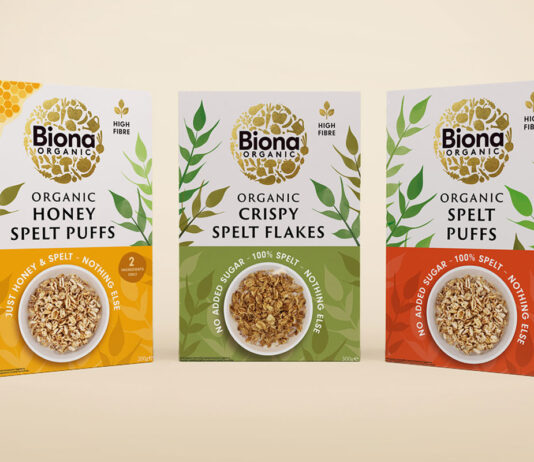 Biona launches new range of Spelt Cereals Pack shots of Biona Organic Honey Spelt Puffs, Biona Organic Crispy Spelt Flakes and Biona Organic Spelt Puffs.