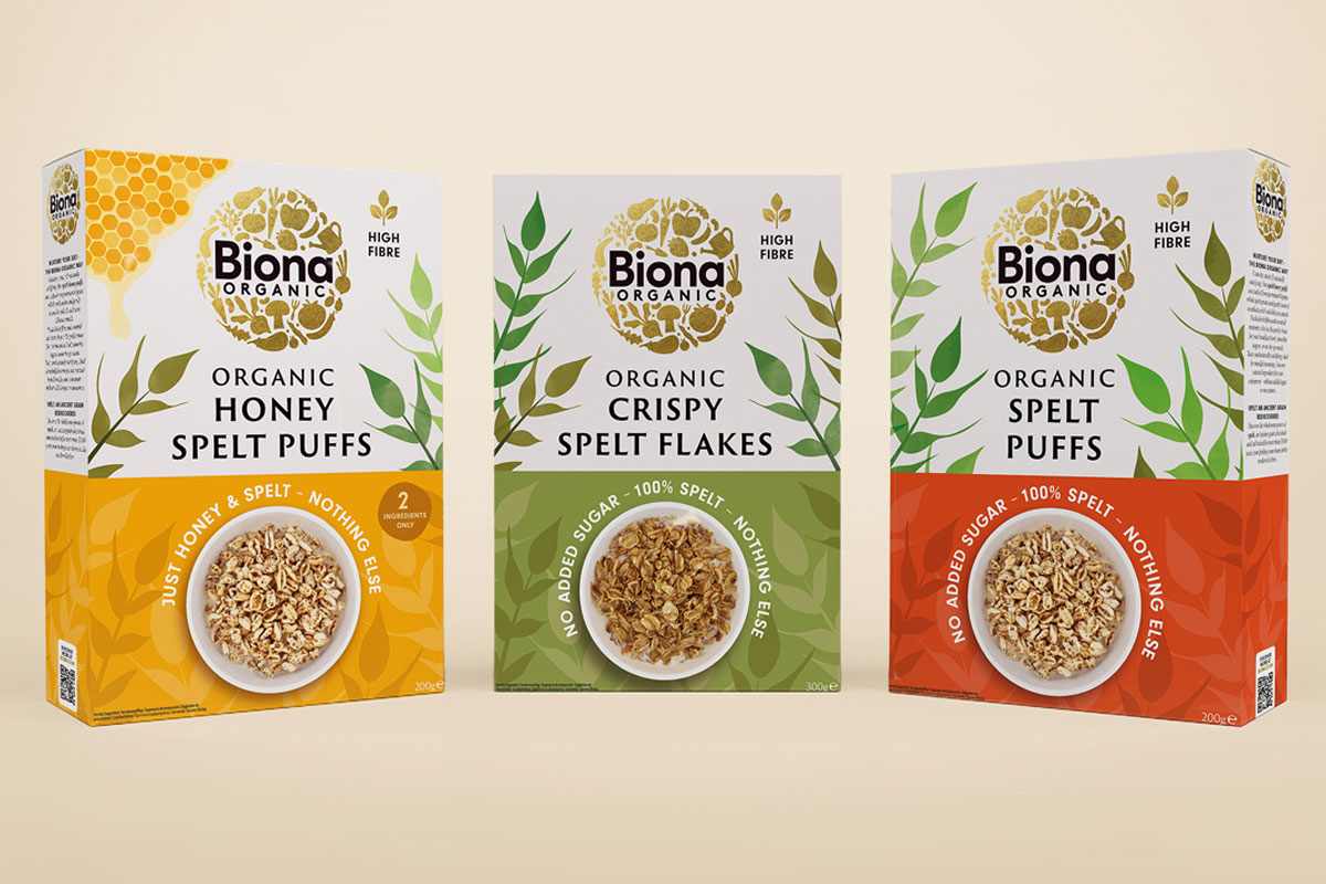 Pack shots of Biona Organic Honey Spelt Puffs, Biona Organic Crispy Spelt Flakes and Biona Organic Spelt Puffs.