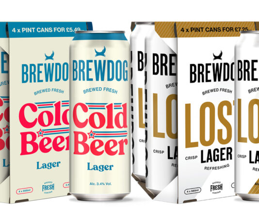 BrewDog introduces new Pint Can four packs Pack shots of BrewDog Cold Beer Pint Can four pack as well as a single pint can and BrewDog Lost Lager pint can four pack as well as a single can.