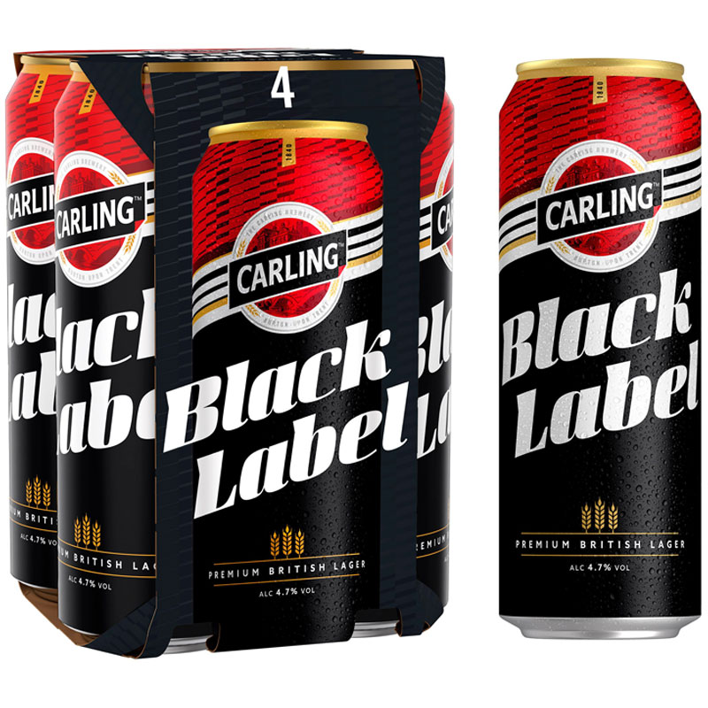 Pack shots of Carling Black Label can and canned four pack.