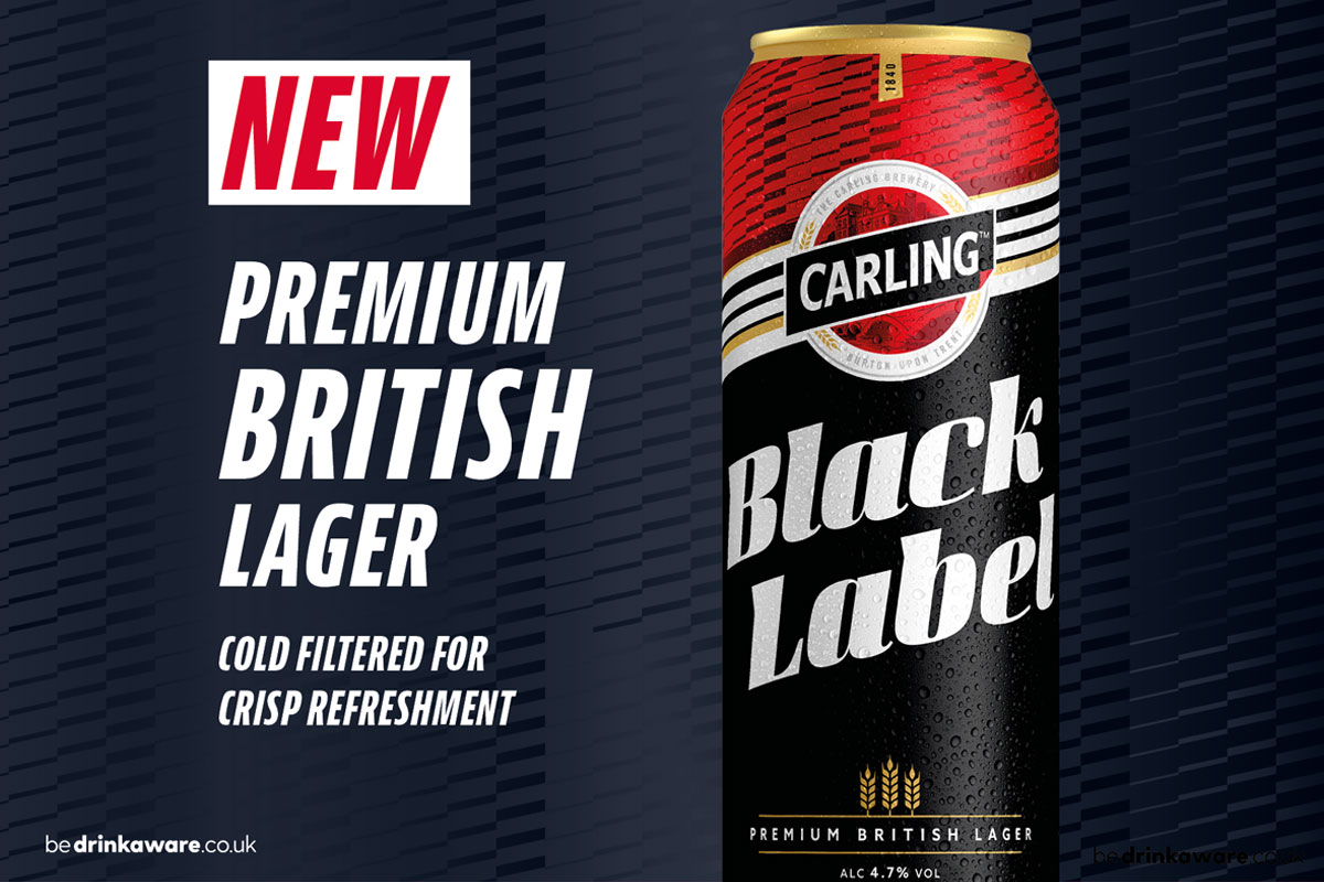 Advertising image for the launch of Carling Black Label featuring a pack shot of its can with text that reads 'New Premium British Lager'.