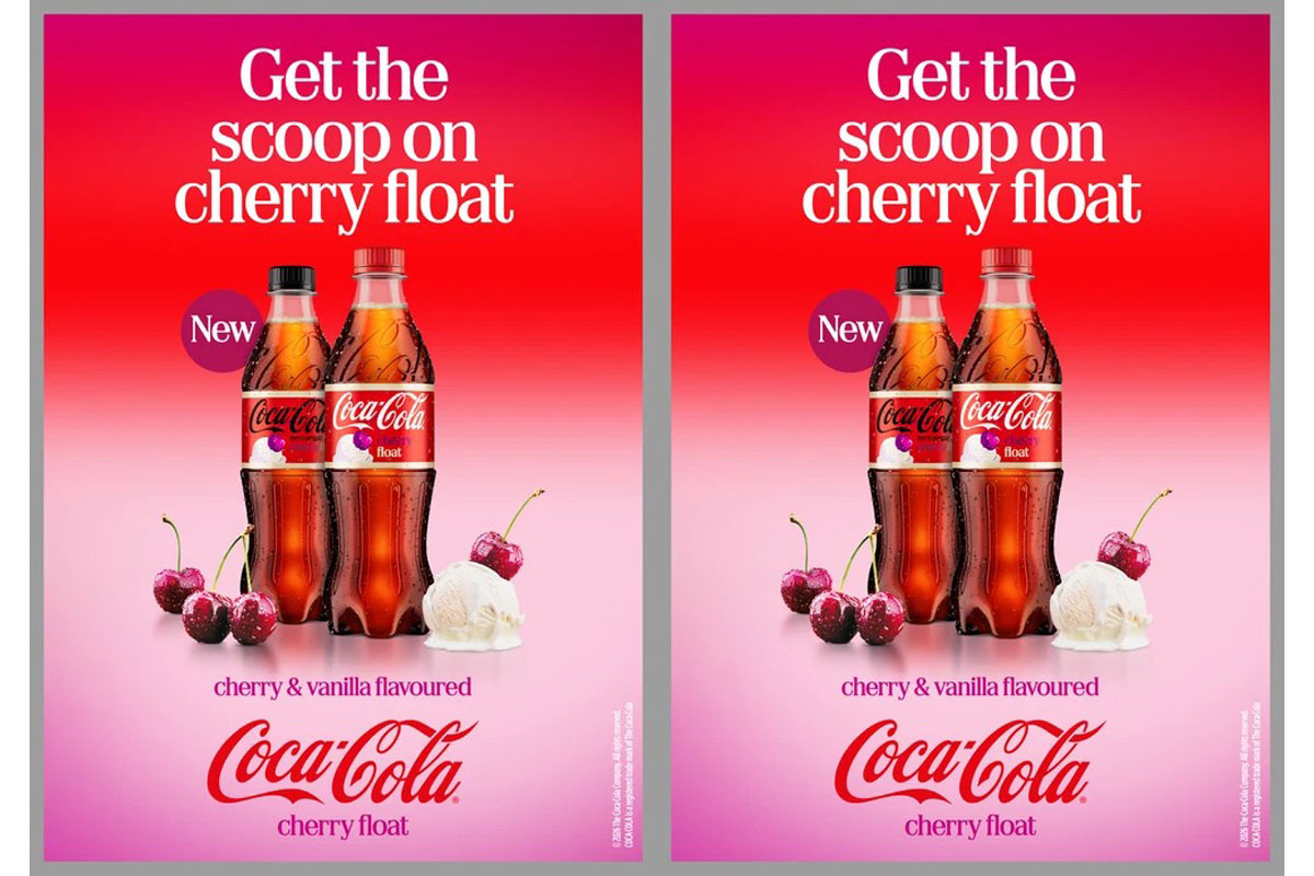 Advert for the Coca-Cola Cherry Float launch featuring a bottle of Coca-Cola Original Taste Cherry Float and Coca-Cola Zero Sugar Cherry Float.