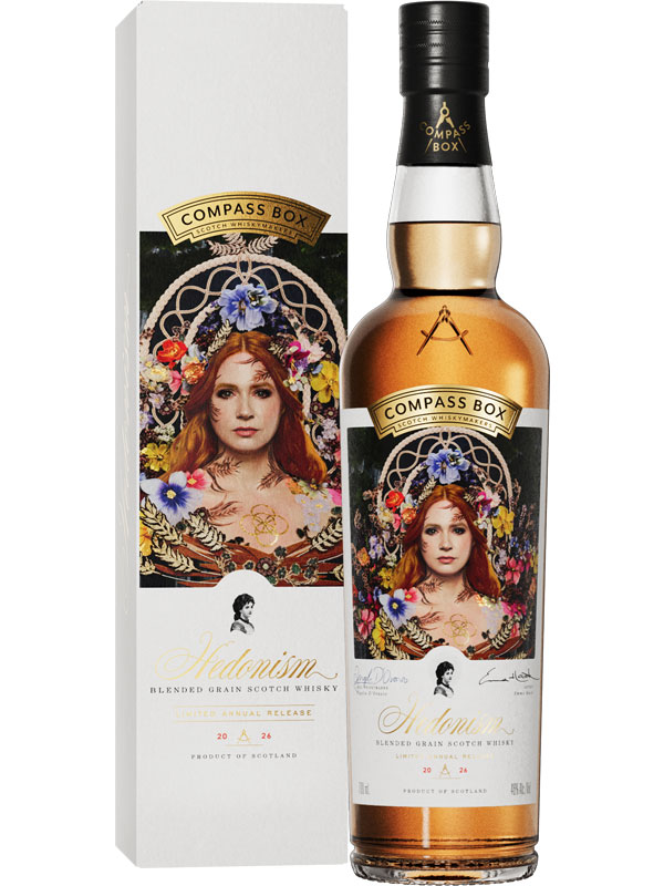 Pack shot of Compass Box whisky Hedonism with the outer box next to the bottle.