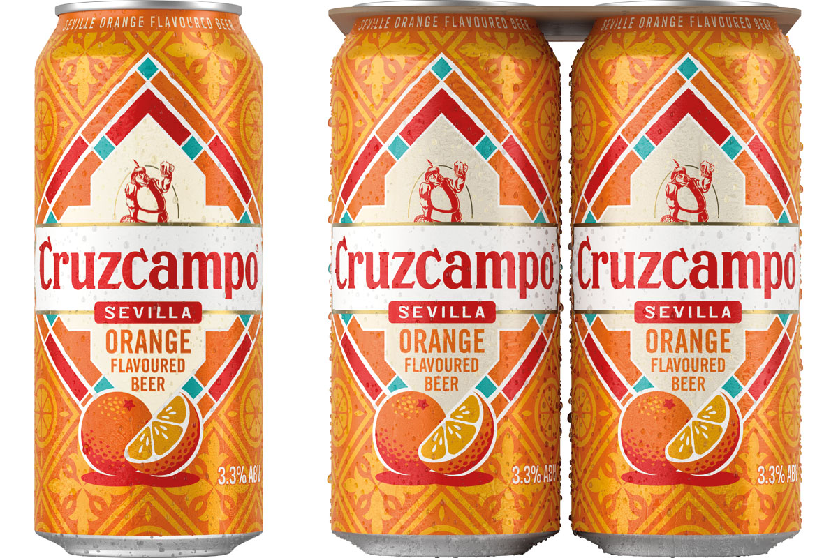 Pack shots of Cruzcampo Sevilla Orange single can and four-pack.