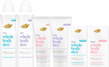 Dove expands on Whole Body Deodorant range Pack shots of Dove Whole Body Deodorant including Lavendar & Camomile, Raspberry & Rose and Sea Mist & Peony scents across a 150ml Spray, 75ml Lotion and 75ml Stick.
