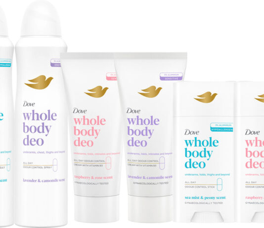 Dove expands on Whole Body Deodorant range Pack shots of Dove Whole Body Deodorant including Lavendar & Camomile, Raspberry & Rose and Sea Mist & Peony scents across a 150ml Spray, 75ml Lotion and 75ml Stick.