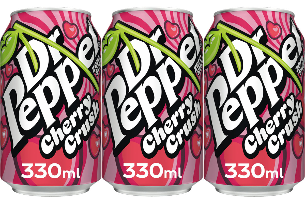 Pack shots of Dr Pepper Cherry Crush 330ml cans.
