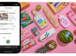 Gander integrates with ShopMate EPOS An iPhone shows the Gander app on its screen next to a range of products with reduced price labels across them.